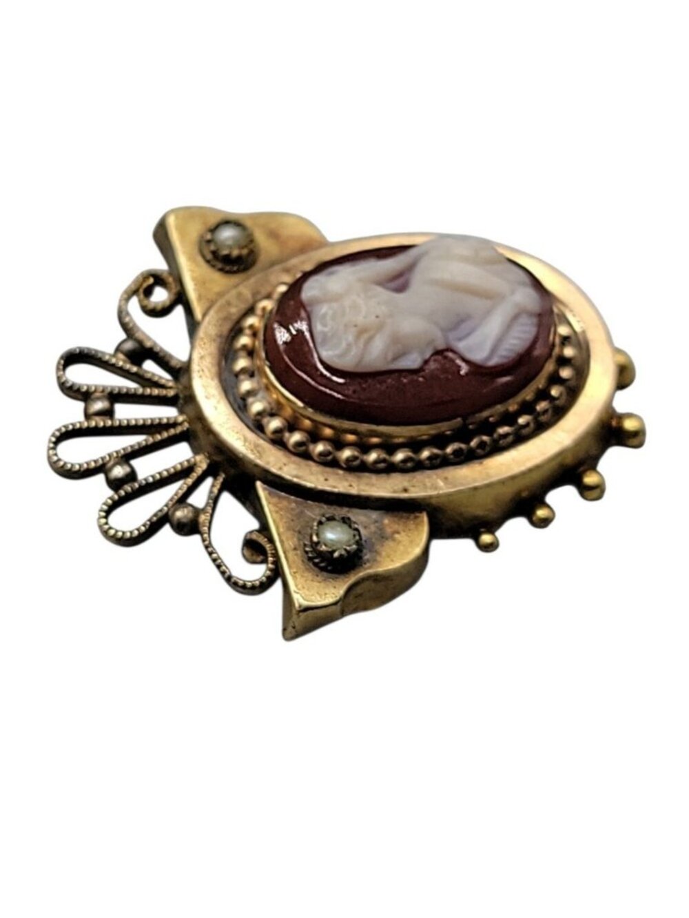 Antique Victorian Carnelian Carved Cameo Brooch Gold Plated Seed Pearl Accents - Picture 5 of 12
